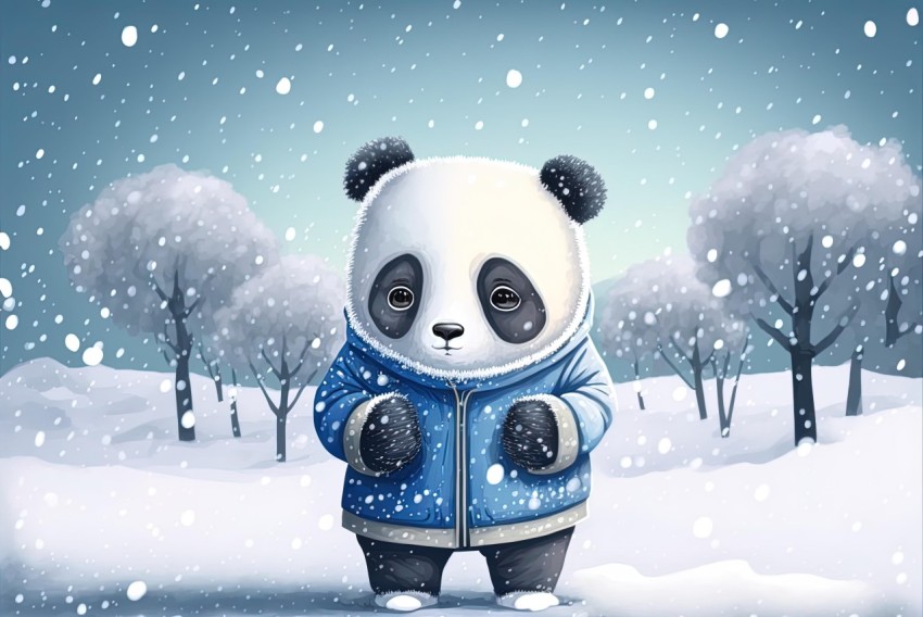 Panda Bear in Blue Jacket Standing in Snow - Dreamlike Illustration