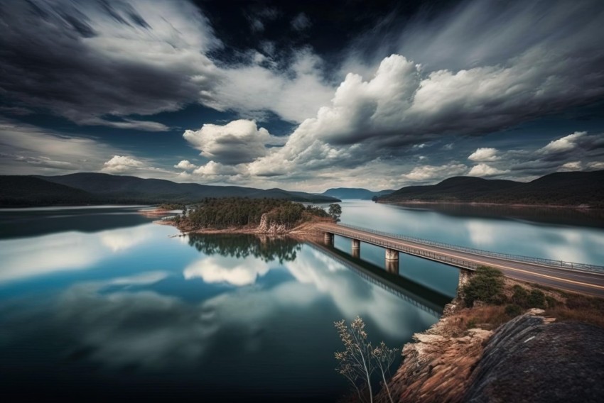 Bridge over Lake and Clouds: Realism with Surrealistic Elements