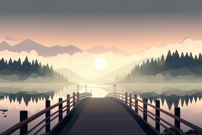 Scenic Boat Dock and Mountains in a Water Landscape | Ethereal Illustration