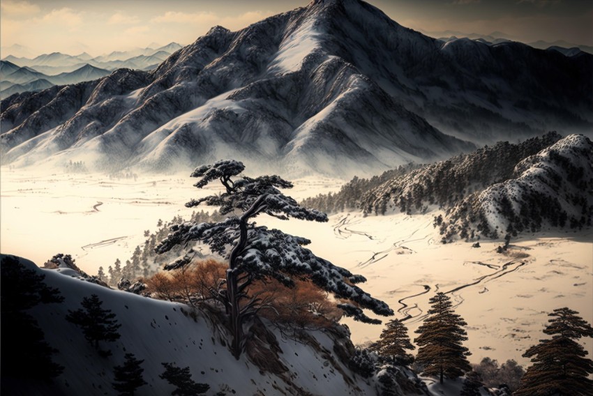 Snowy Mountain Landscape: Realistic and Serene