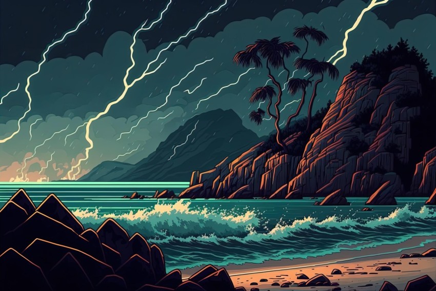 Stormy Water Scene with Lightning | Coastal Landscape | Bold Graphic Illustration