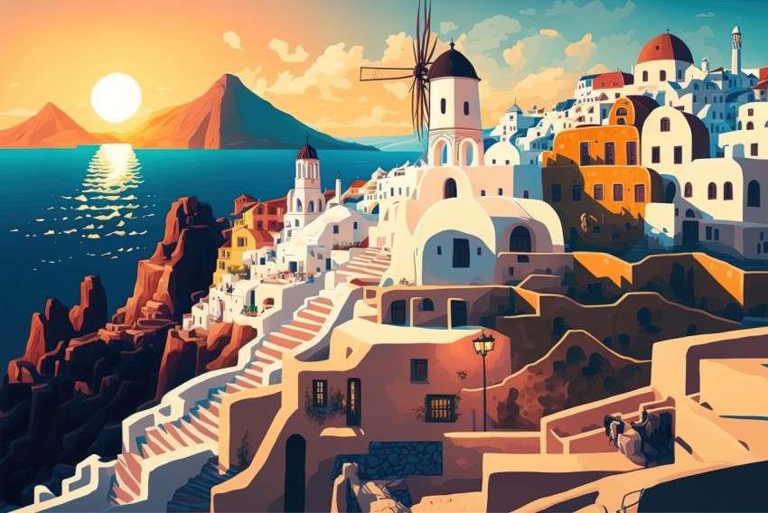 Greek Island Village Cartoon Illustration | Warm Color Palette