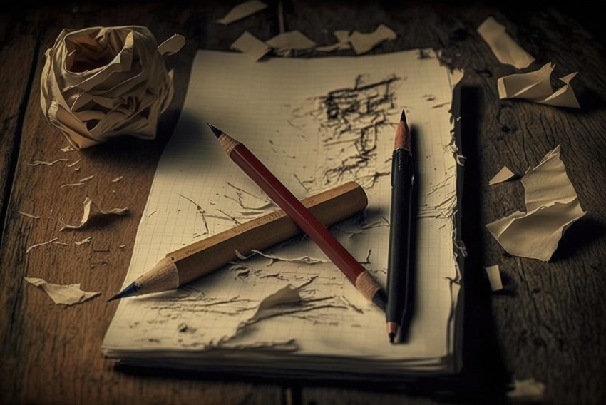 Rustic Scenes: Torn Paper, Broken Notebook, and Pencils