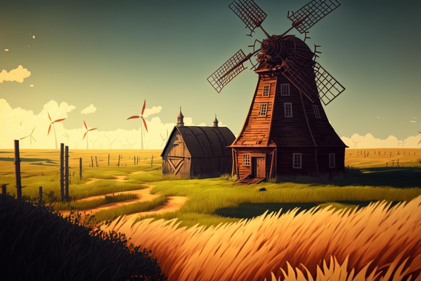 Charming Illustration of an Old Windmill in the Fields