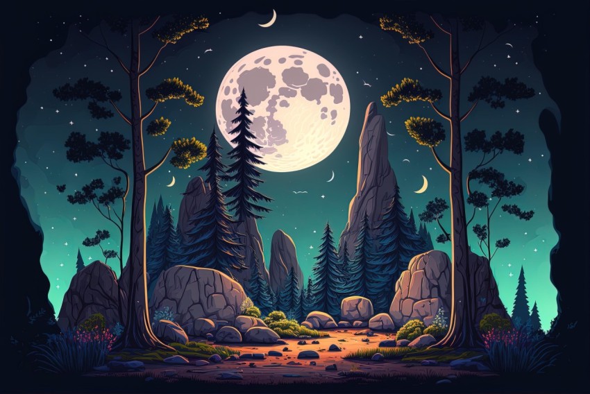 Hyper-Detailed Vector Illustration of a Full Moon and Dark Forest