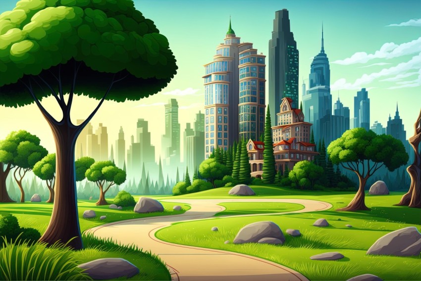 Cartoon City Landscape with Nature-Inspired Art Nouveau | Realistic Landscapes