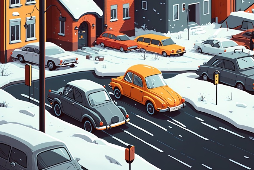 Cartoon City of Cars and Snow - Stylized Realism