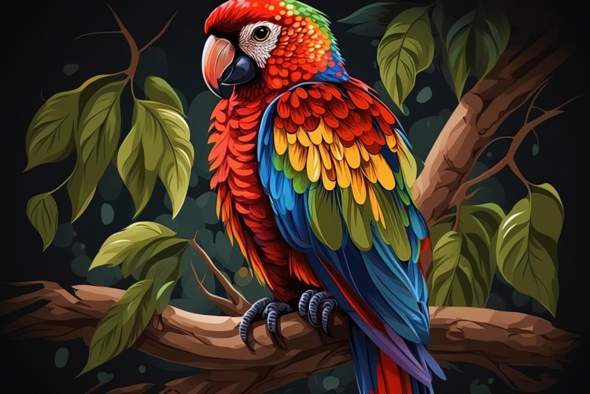 Colorful Parrot on Tree Branch: Mysterious Jungle Art