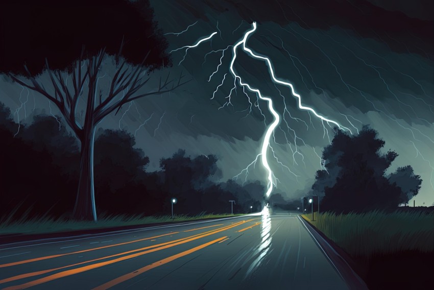Road with Lightning Strike - Digital Illustration