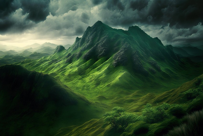 Green Field and Dark Mountains in Zbrush Style - Detailed Nature Landscape