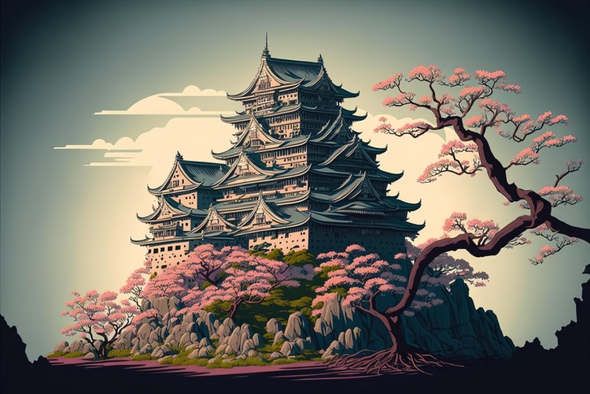 Japanese Castle with Cherry Blossoms: Expressive Landscapes