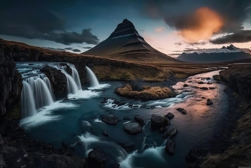 Majestic Waterfall at Sunset in Iceland - Stunning Photo-Realistic Landscape