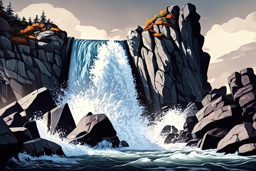 Mysterious Waterfall Drawing in Art Style | Panoramic Scale