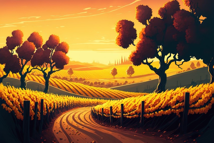 Vibrant Vineyard Sunset Illustration - Detailed Fantasy Art