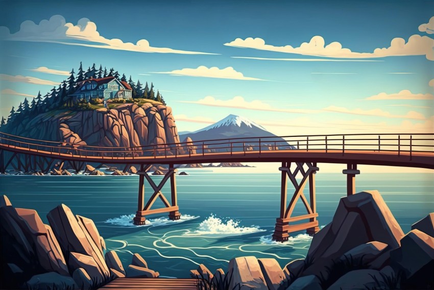 Cartoon Realism Bridge Over Ocean - Detailed Architecture Painting