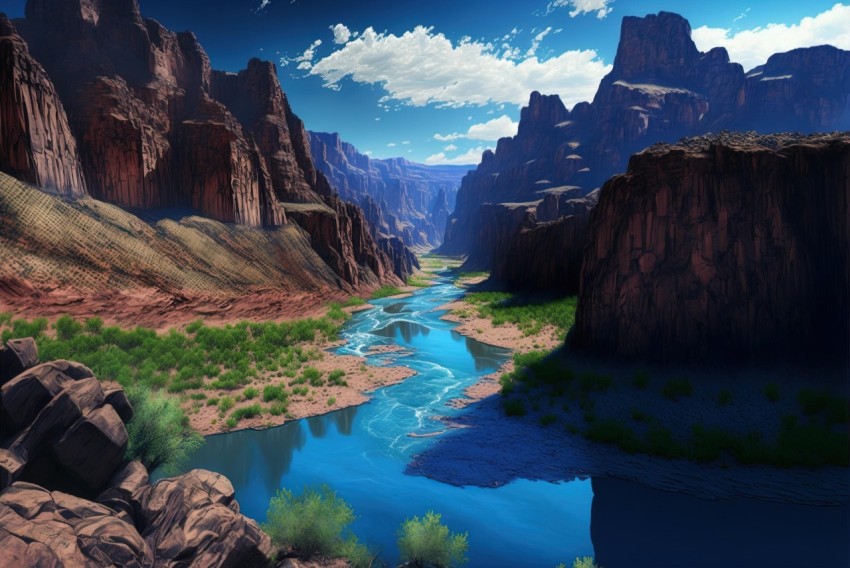 Grand Canyon River Valley Landscape Digital Art Wallpaper