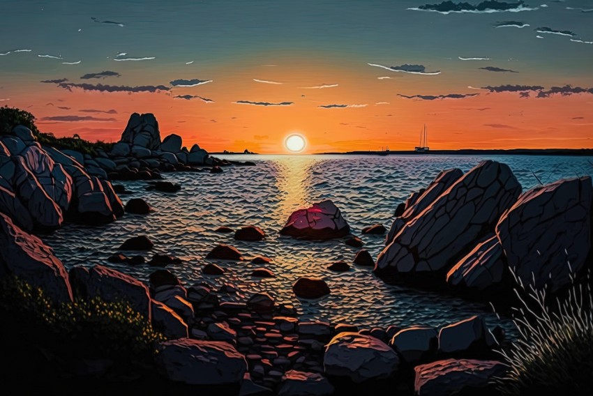 Beautiful Sunset Illustration in Coastal Scenery Style