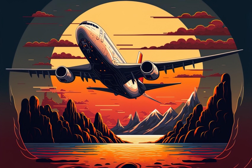 Airplane Flying over Mountains - Classical Landscape Illustration