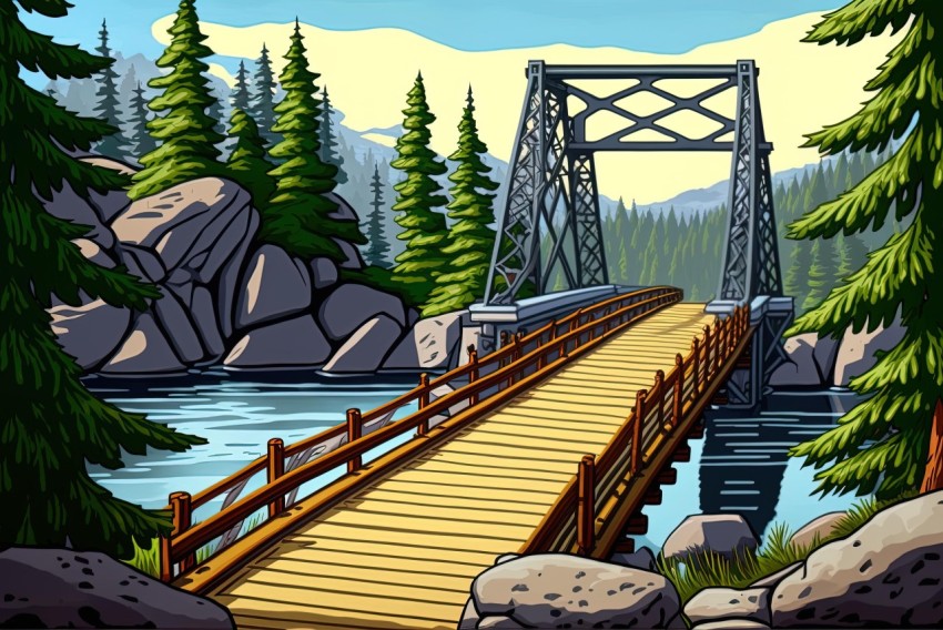 Wooden Bridge Illustration: Captivating Comic Book Style