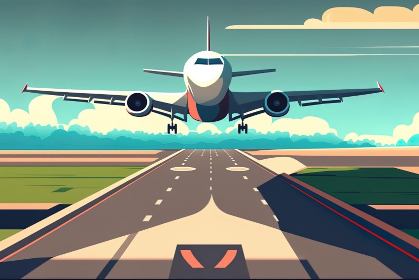 Cartoon Plane Taking Off on Airport Runway | Bold Graphic Illustration