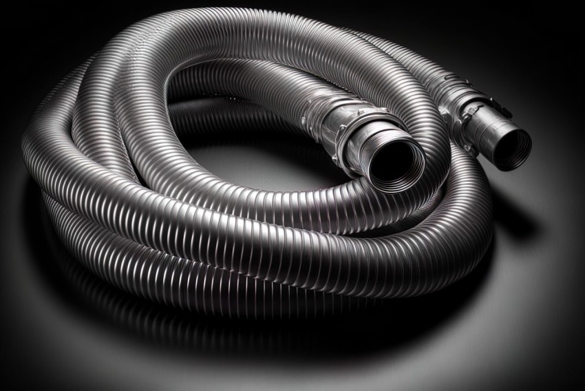 Sci-Fi Realism: Clean Stainless Steel Hose on Black Background