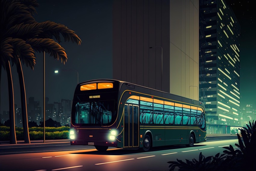 City Street Bus at Night: Realistic Color Palette and Detailed Character Design