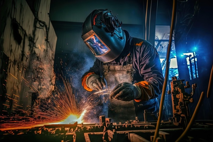 Industrial Welder in Black Fortified Steel Plant - Stock Photo