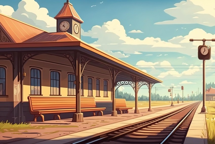 Cartoon Train Station Illustration in Warm Tones | Serene Landscapes