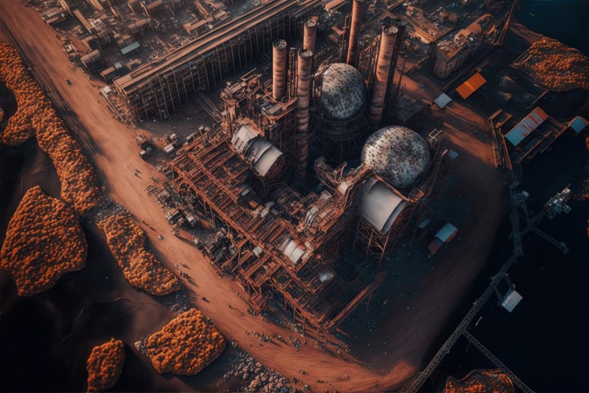 Abandoned Nuclear Power Plant: Dark Orange and Bronze Aerial View