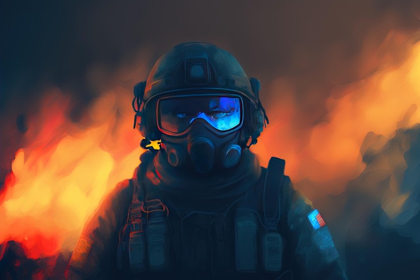 Fiery Gas Mask Soldier: Speedpainting Artwork in Vibrant Colors