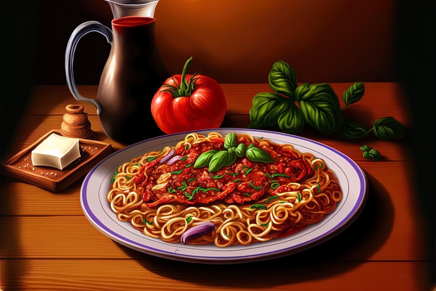 Watercolor Illustration of Spaghetti on a Plate - Realistic and Hyper-Detailed