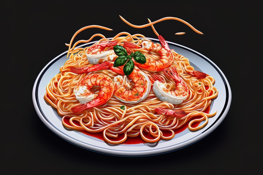 Hyperrealistic Spaghetti and Shrimp Illustration with High-Contrast Shading