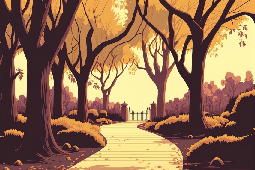 Enchanting Forest Path Illustration in Dark Amber and Beige