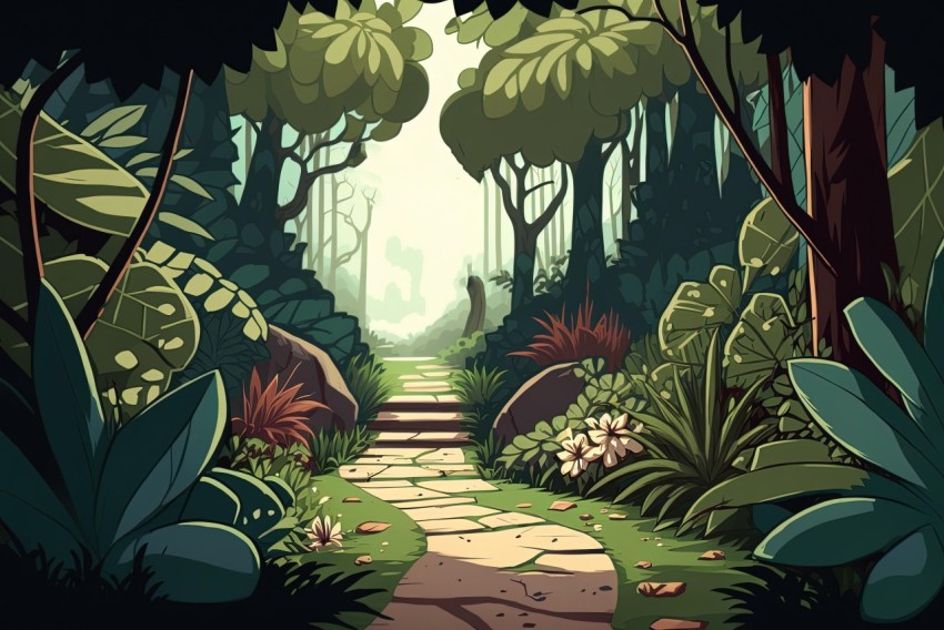 Cartoon Forest Walkway: Nature-Inspired Art Nouveau with Exotic Flora and Fauna
