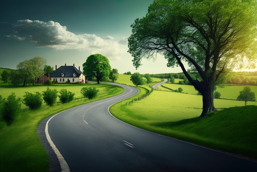 Sunny Countryside Road Leading to a House | Dreamy Landscape