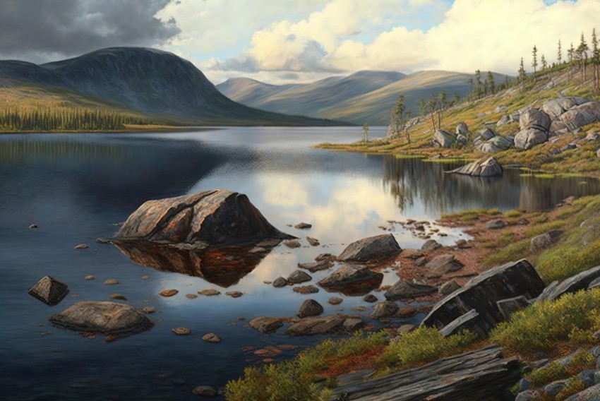 Realistic Painting of a Lake with Mountains and Rocks