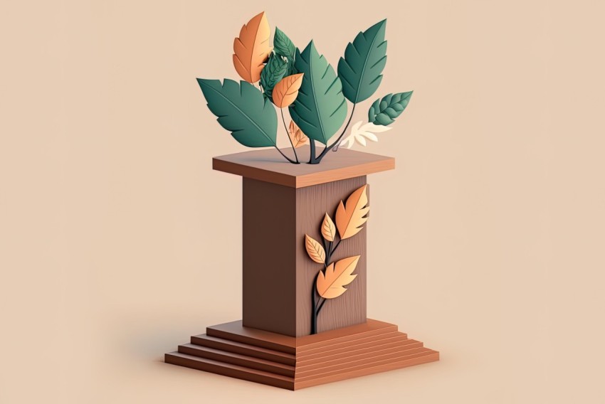 Monumental Wood Design with Plants - 3D Illustration