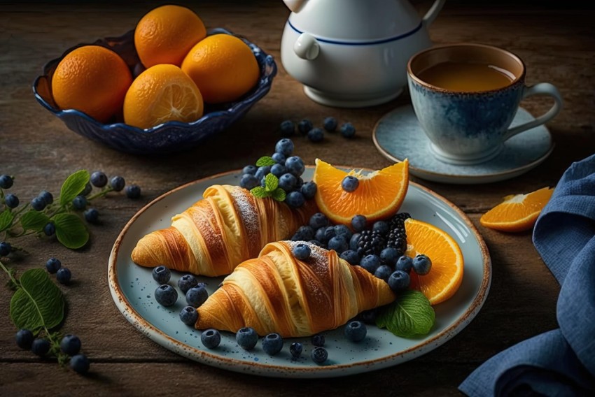 Dark Azure and Navy Striped Arrangements: Croissants and Oranges on a Table with Tea