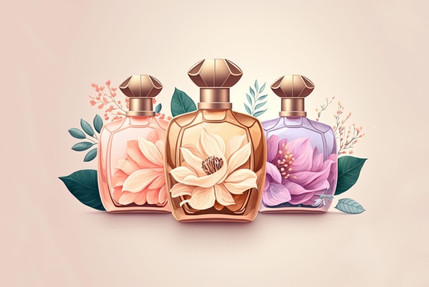 Charming Illustration of Perfume Bottles with Flowers