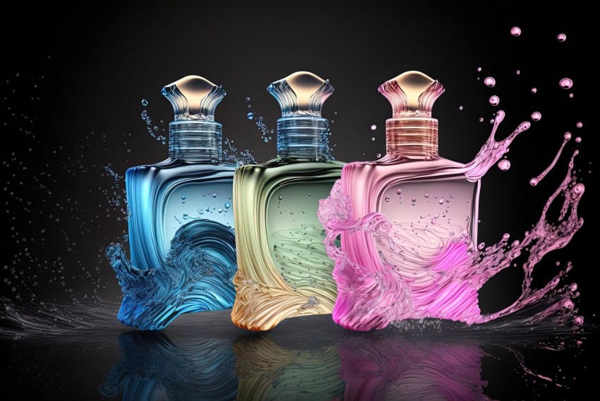 Colored Perfume Bottles with Splashed Water on Dark Background