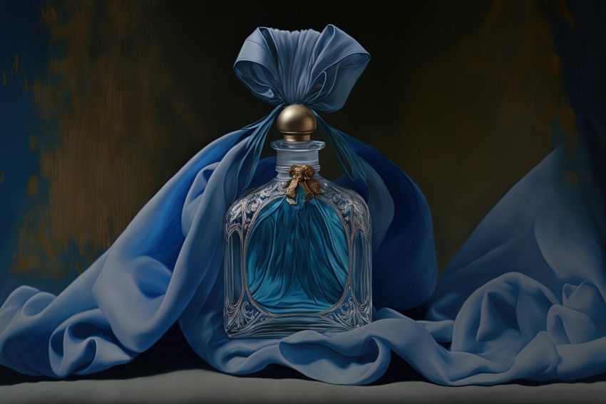 Blue Perfume Bottle on Flowing Fabric - Hyper-Realistic Portraiture