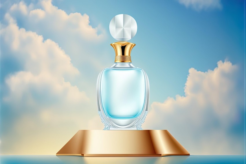 Glamorous Perfume Bottle on Gold Pedestal with Charming Illustrations