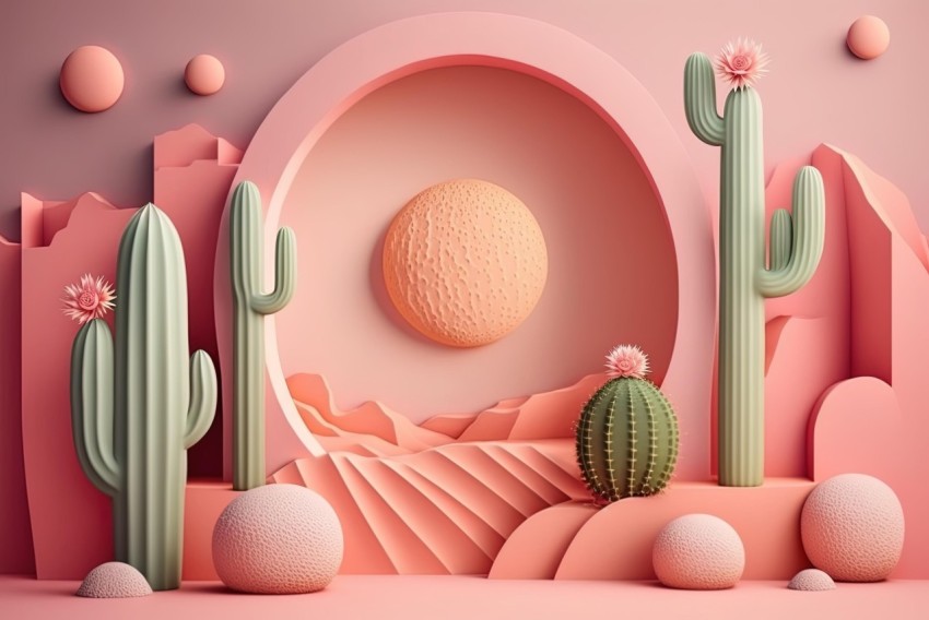 Minimalist 3D Paper Desert with Cactus Flower - Artistic Background