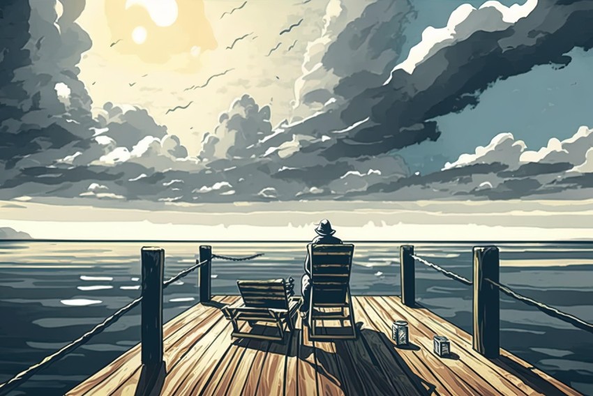 Pixel Art Painting of Man on Dock | Monochrome Landscapes | Stormy Seascapes
