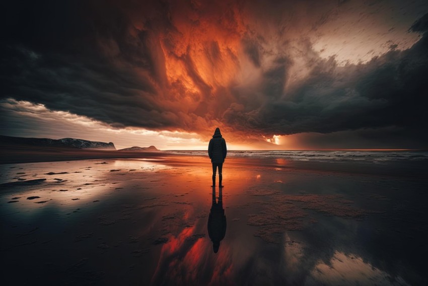 Dark and Dramatic Beach Scene with Stormy Sky