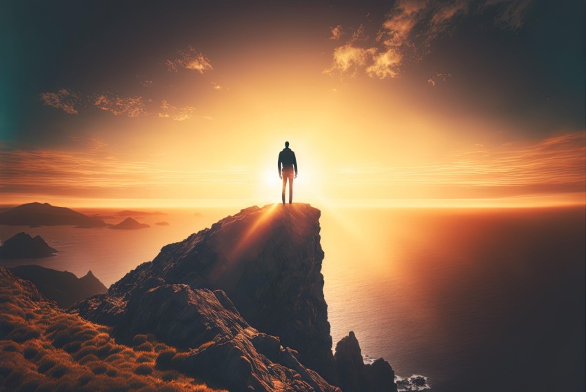 Man Standing on Cliff at Sunset - Surrealistic Landscape Photography