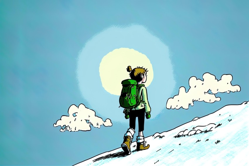 Green Sweater Person on Hill with Backpack - Comic Strip Style