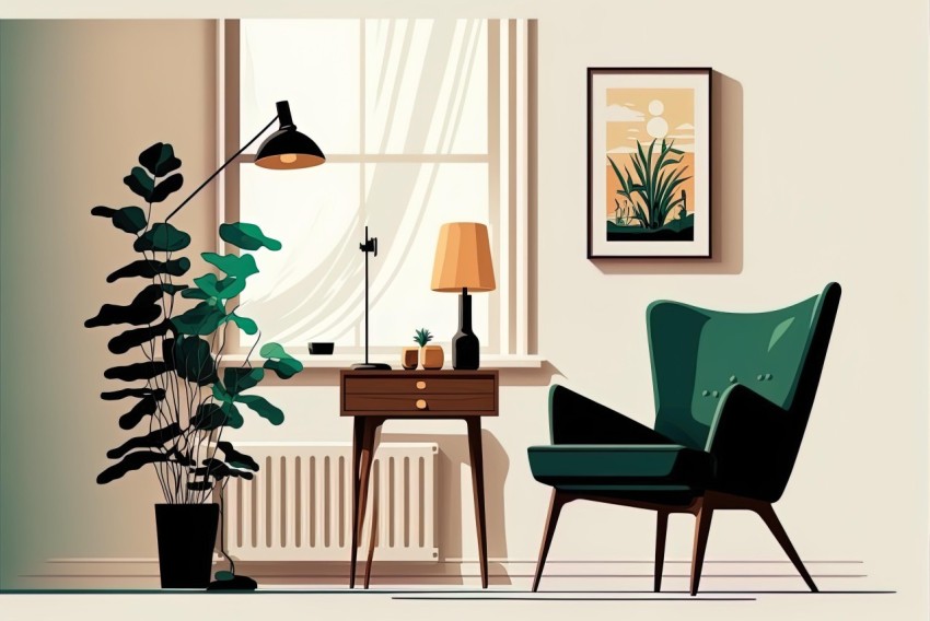 Retro Living Room with Chair, Lamp, and Plant - Detailed Character Illustrations