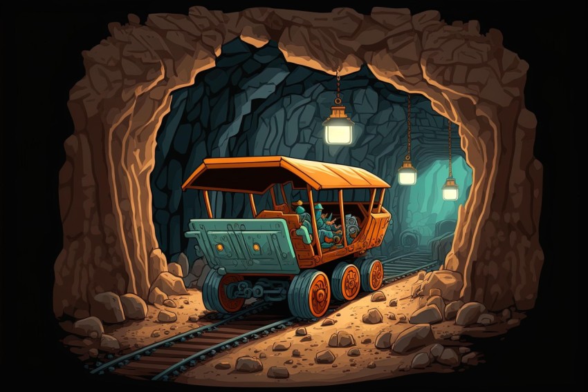 Intricate Character Illustrations of a Train and Truck in a Cave - Art Nouveau Style