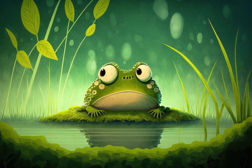 Whimsical Frog Illustration in Realistic Landscape Style